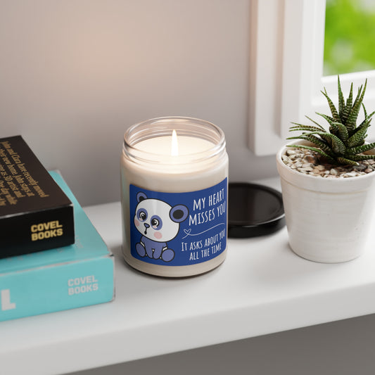 Scented soy candle with a message about love and longing. Includes the phrase: My Heart Misses You. It Asks About You All The Time. 