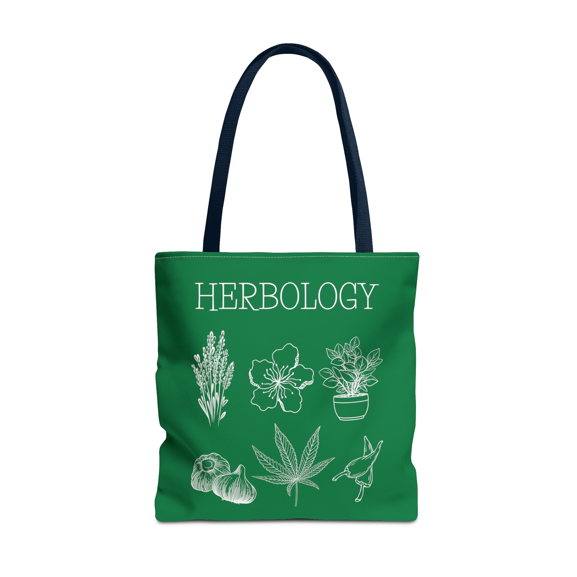 Add a dash of enchantment to your accessories with our Magical Herbology tote bag. Part of our magical studies collection. Bag is green with a navy handle.
