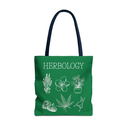 Add a dash of enchantment to your accessories with our Magical Herbology tote bag. Part of our magical studies collection. Bag is green with a navy handle.