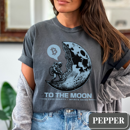 Pepper Comfort Colors 1717 T-Shirt with a large, edgy graphic of a moon and someone mining bitcoin. Perfect gift for crypto currency enthusiasts, traders, investors, and BTC lovers.