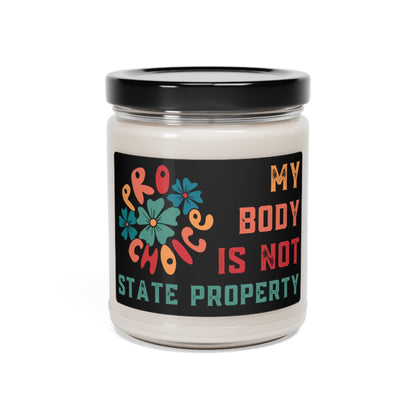 9 oz glass jar scented candle with colorful pro-choice retro message makes a powerful message to display in your home or office.
