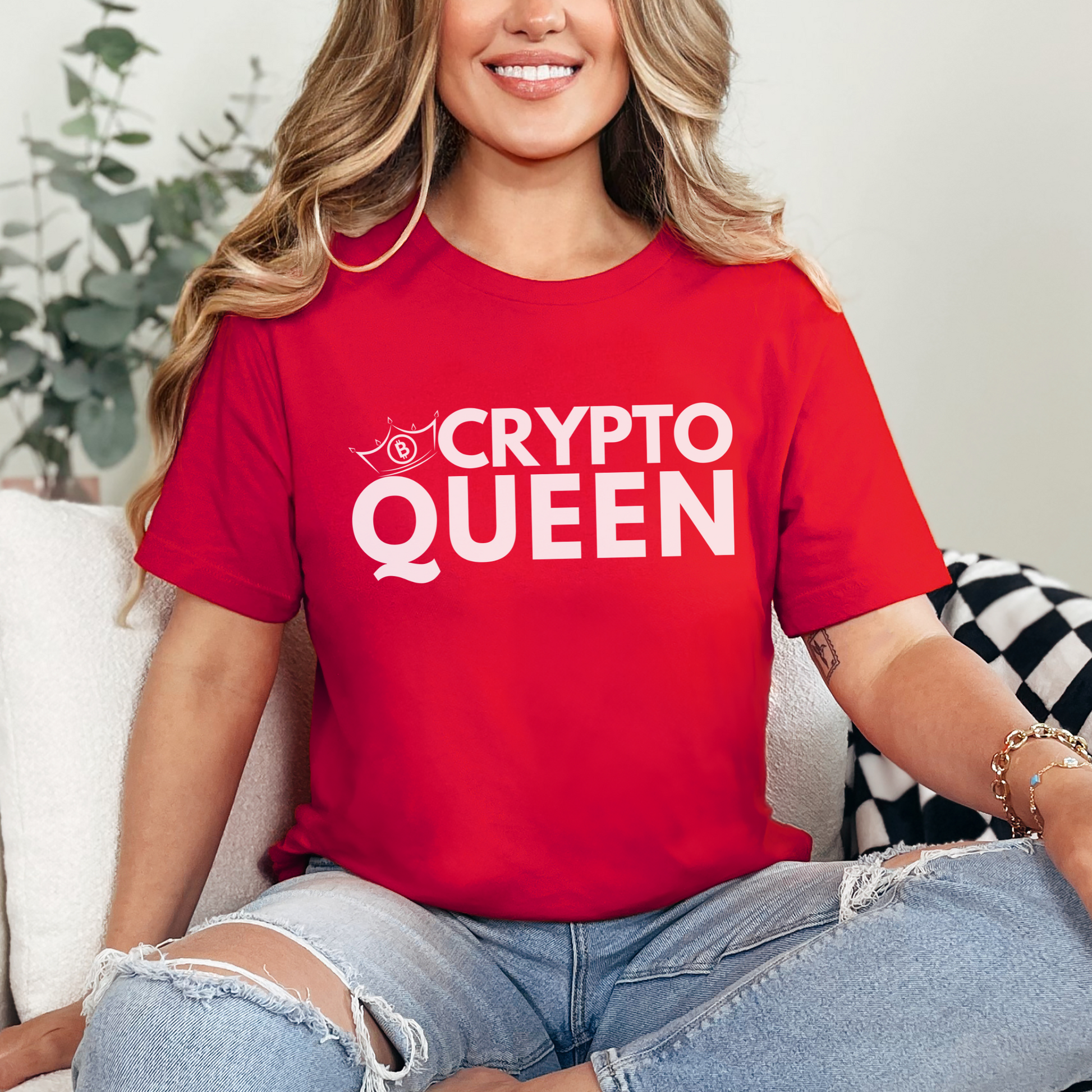 Red Bella Canvas 3001 T-shirt that says "Crypto Queen" with a crown and bitcoin symbol. It's the perfect gift for women in finance, supports of blockchain technology, and crypto currency.