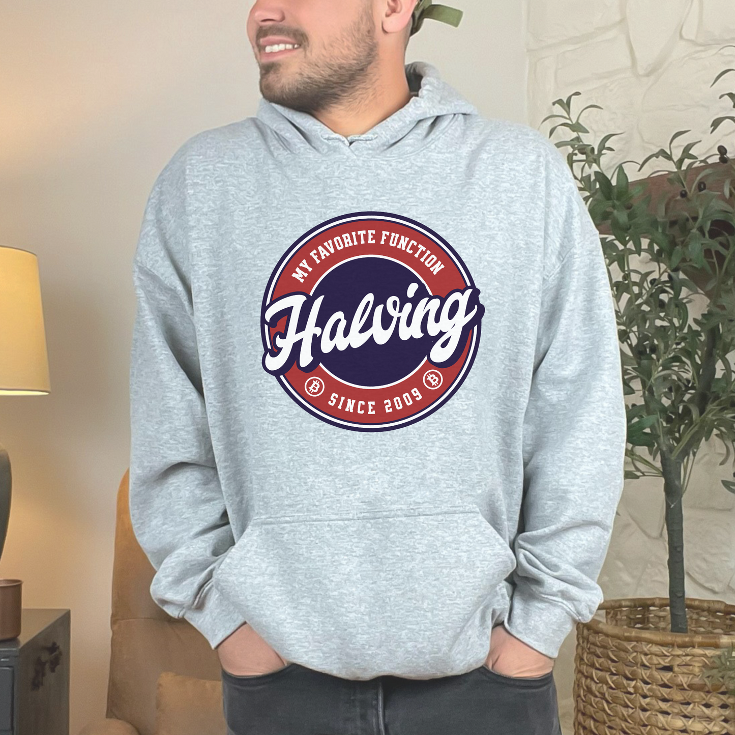 Sport Grey Unisex Gildan 18500 Hoodie sweatshirt that says "Halving Is My Favorite Function - since 2009" - support the future of banking with digital currency. Perfect gift for bitcoin enthusiasts, investors, and blockchain lovers.