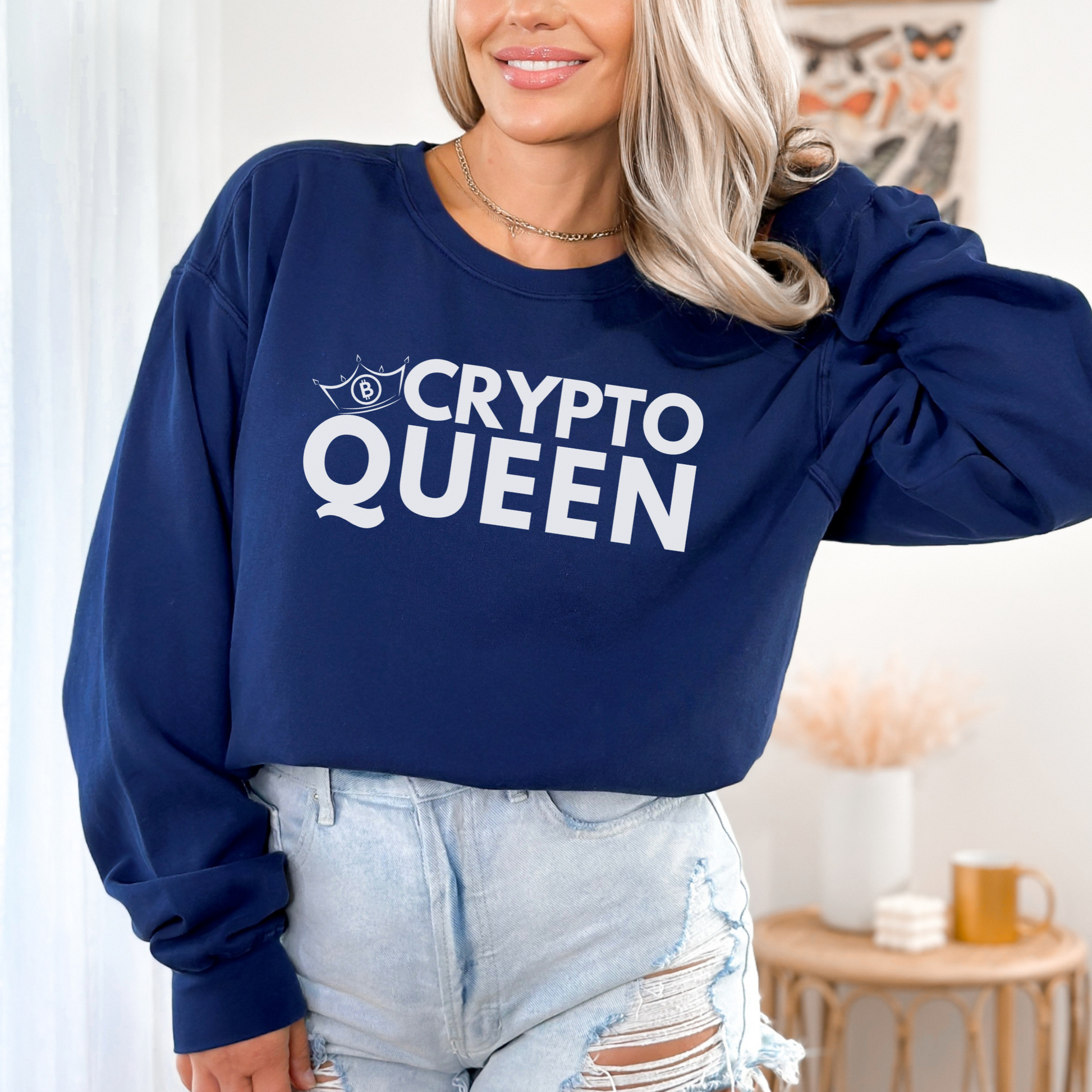 True Navy Comfort Colors 1566 Sweatshirt that says "Crypto Queen" with a Bitcoin crown. Perfect gift for women in finance and tech, supports of crypto currency and those that see the future of banking is digital - blockchain.