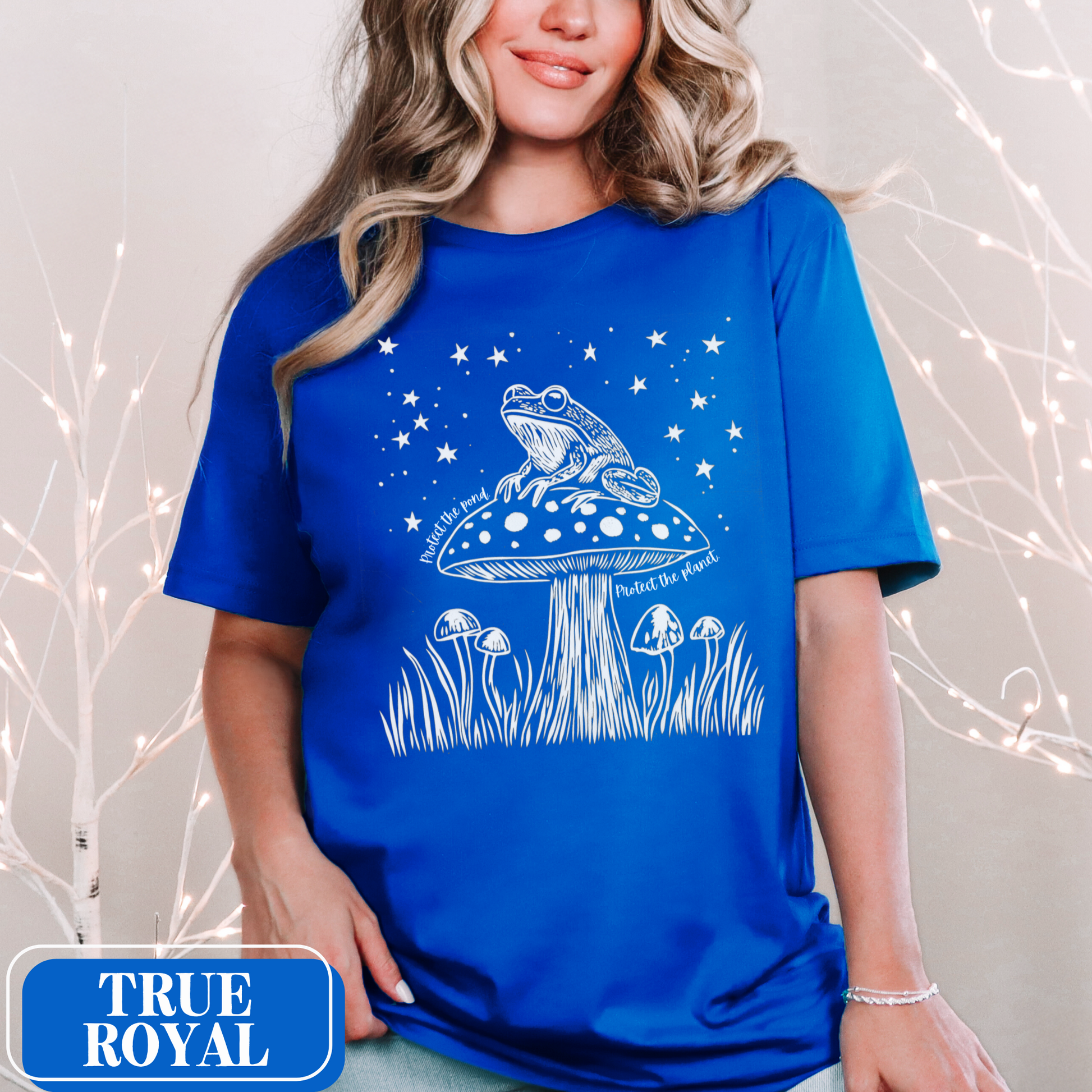 True Royal Bella Canvas 3001 T-shirt with a large frog core graphic and starry night sky. It says "Protect the pond, protect the planet" - perfect gift for the amphibian lover, weirdcore environmentalist in your life.